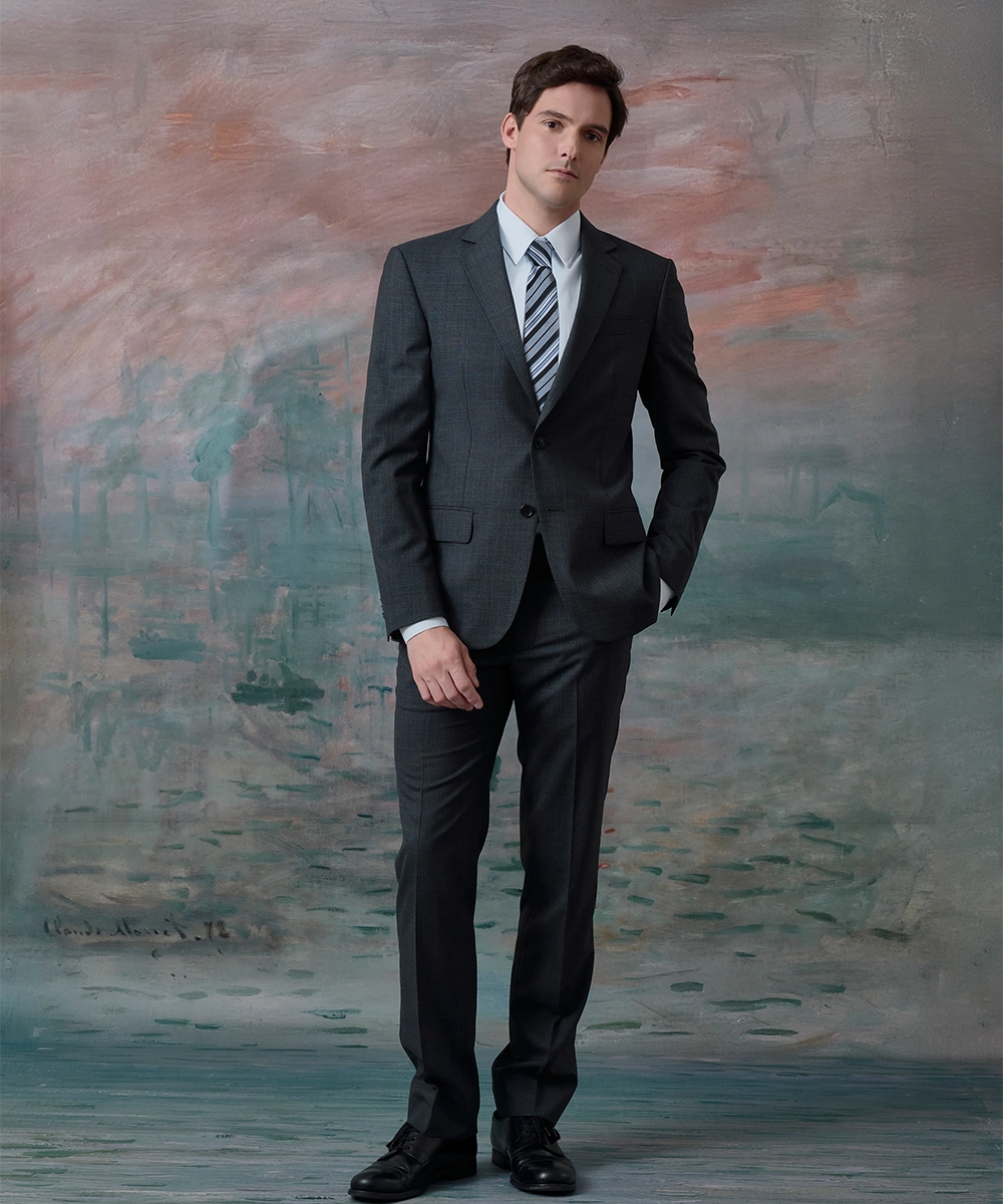 純羊毛灰格紋 成套西裝