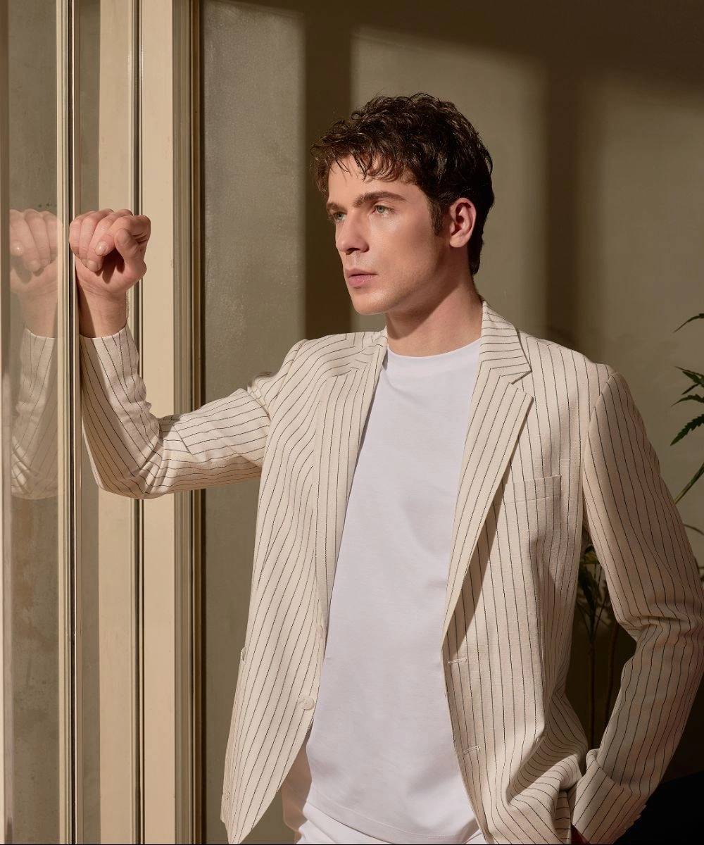 白條紋混麻 獵裝